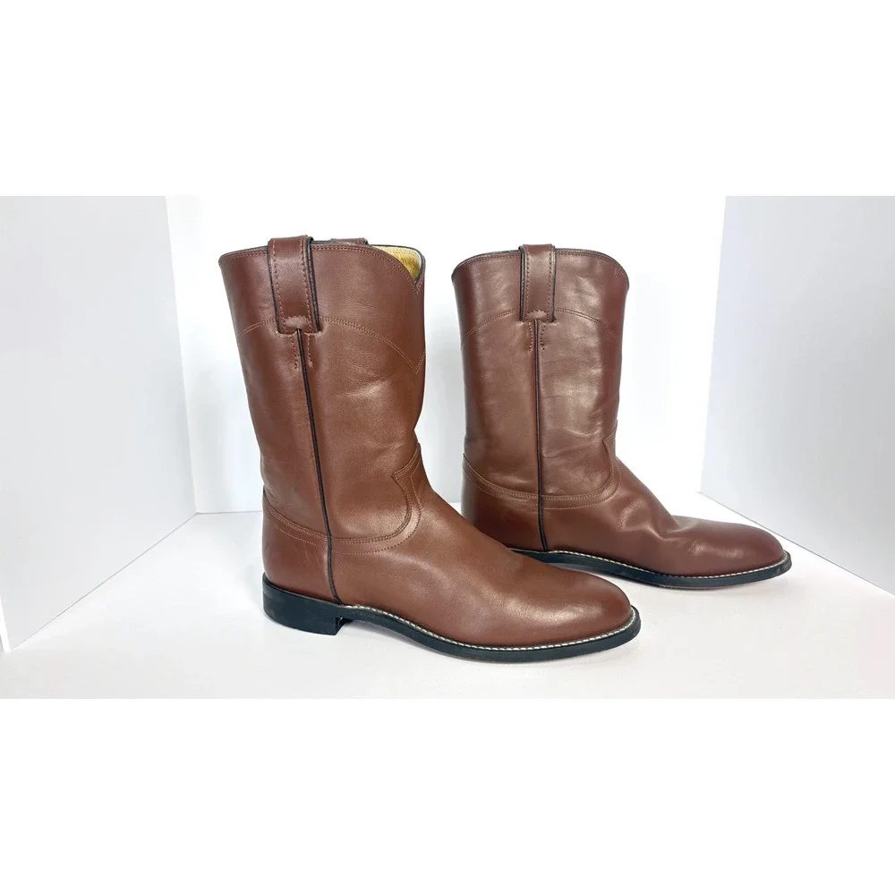 90s Vintage Justin Brown Leather Classic Roper Cowboy Boots Men Size 8D Western